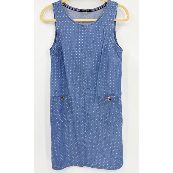 Tommy Hilfiger Dresses & Skirts - Tommy Hilfiger Polka Dot Sleeveless Denim Chambray Shift Dress Size 8 Blue